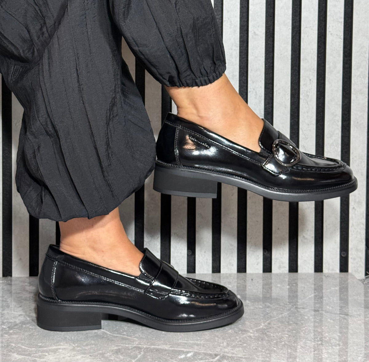 Tamaris Comfort - Black Patent Buckle Detail Loafer