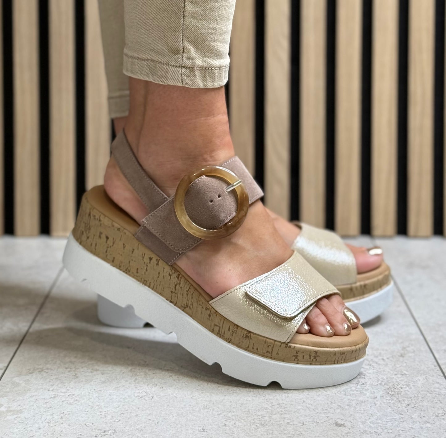 Lotus - 'Cammie' Taupe/Gold Leather Platform Sandal