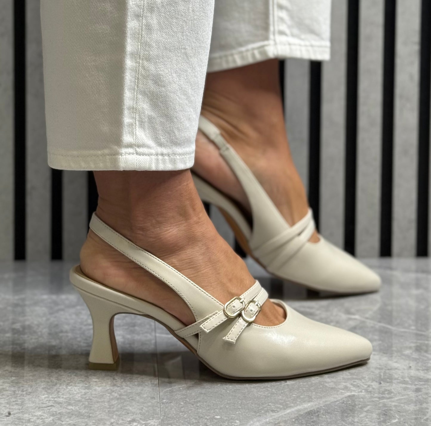 Marco Tozzi - Cream Strap Detail Slingback Heel