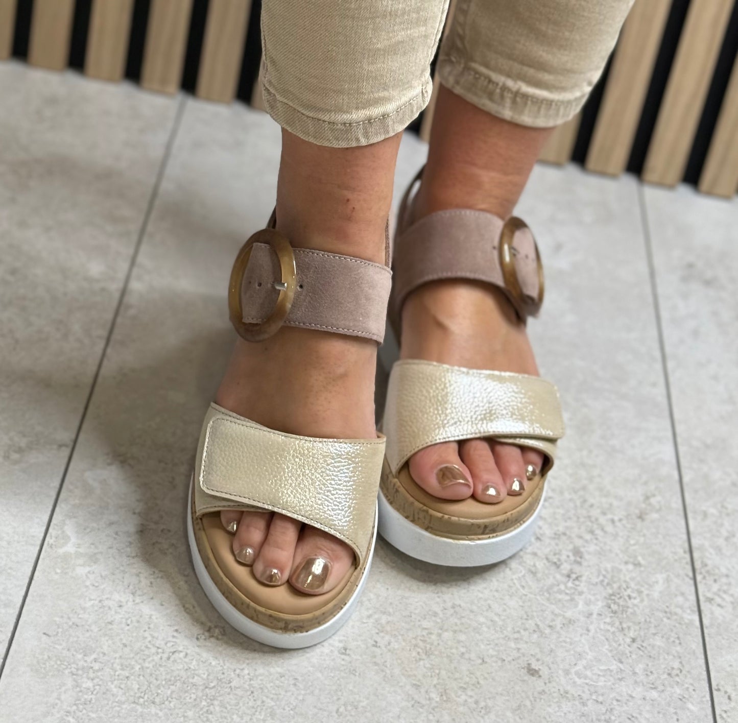 Lotus - 'Cammie' Taupe/Gold Leather Platform Sandal