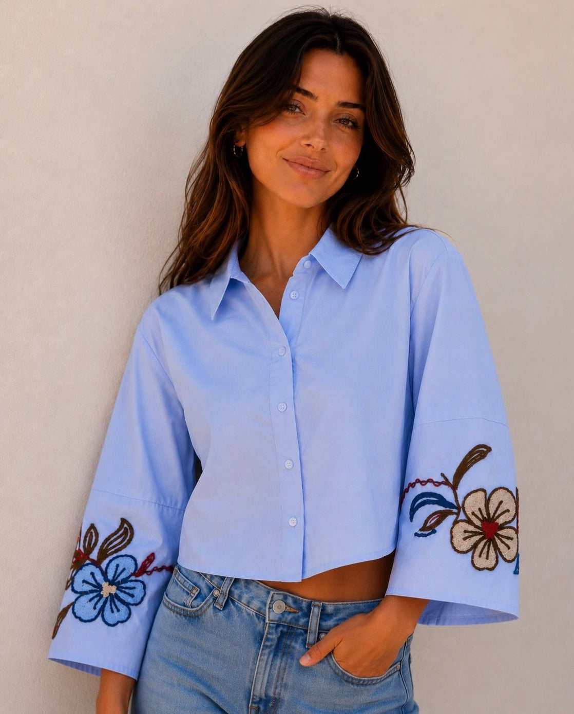 Baby Blue Embroidered Sleeve Shirt