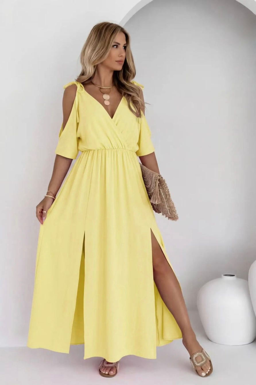 Lemon Long V Neck Off Shoulder Dress