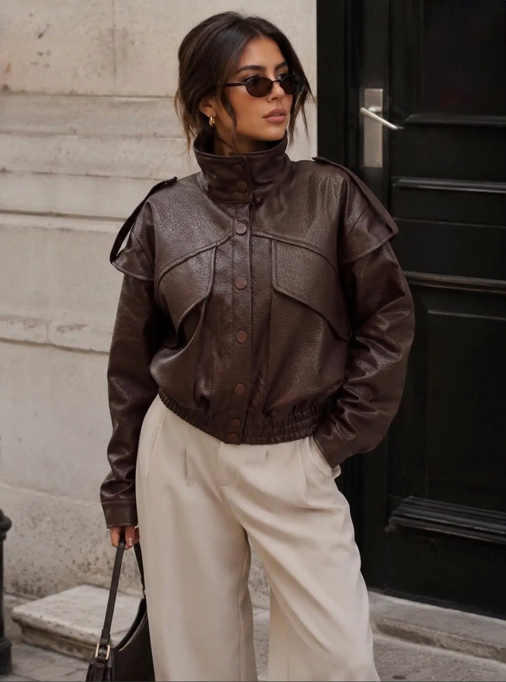 Brown Short Faux Leather Jacket.