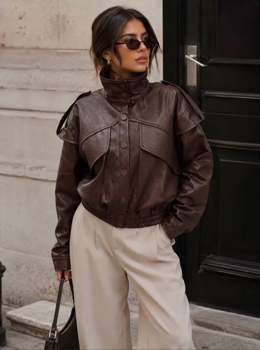Brown Short Faux Leather Jacket.
