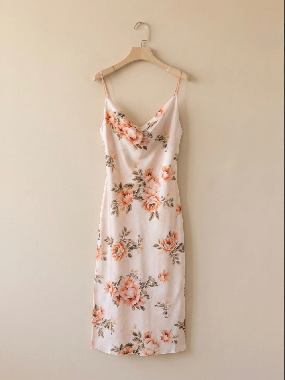 Beige Floral Print Satin Dress