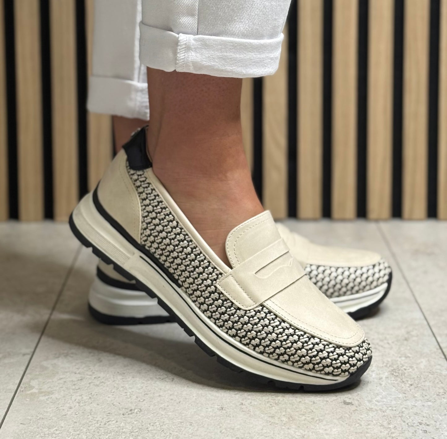 Lotus - 'Florida' Cream/Black Woven Slip On Shoe