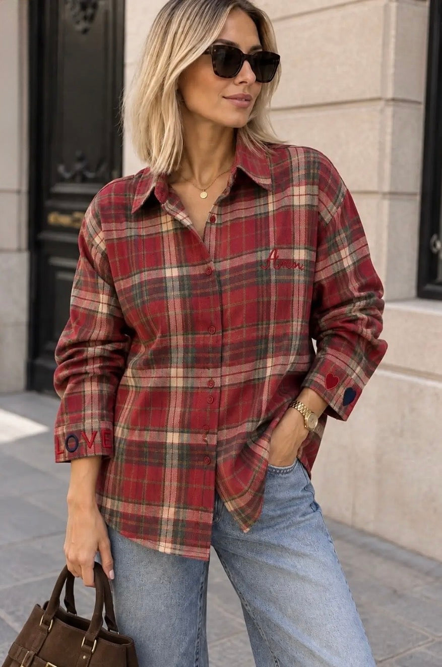 Red Check Embroidered Detail Oversized Shirt