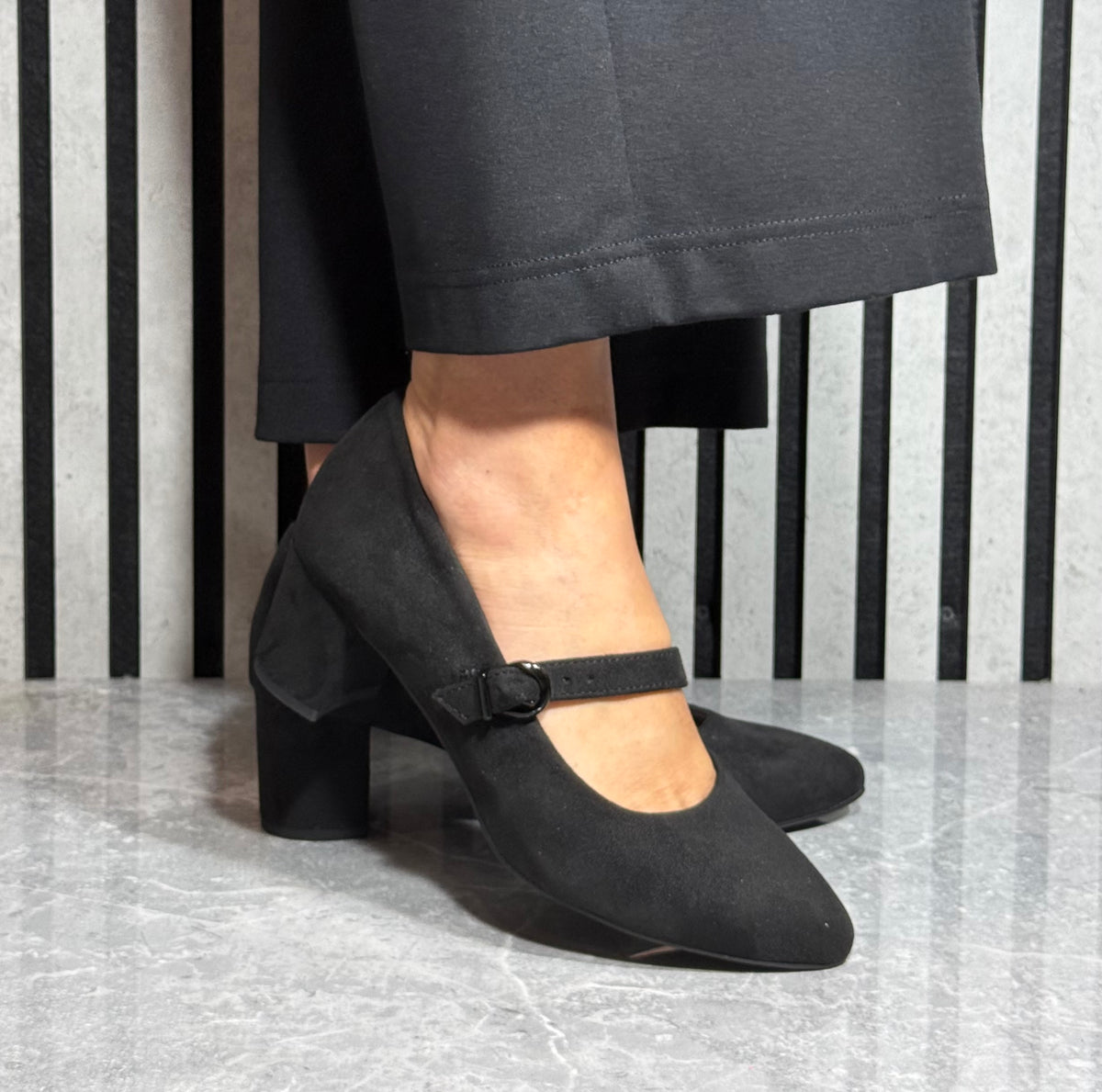 Jana - Black Strap Block Heel Shoe