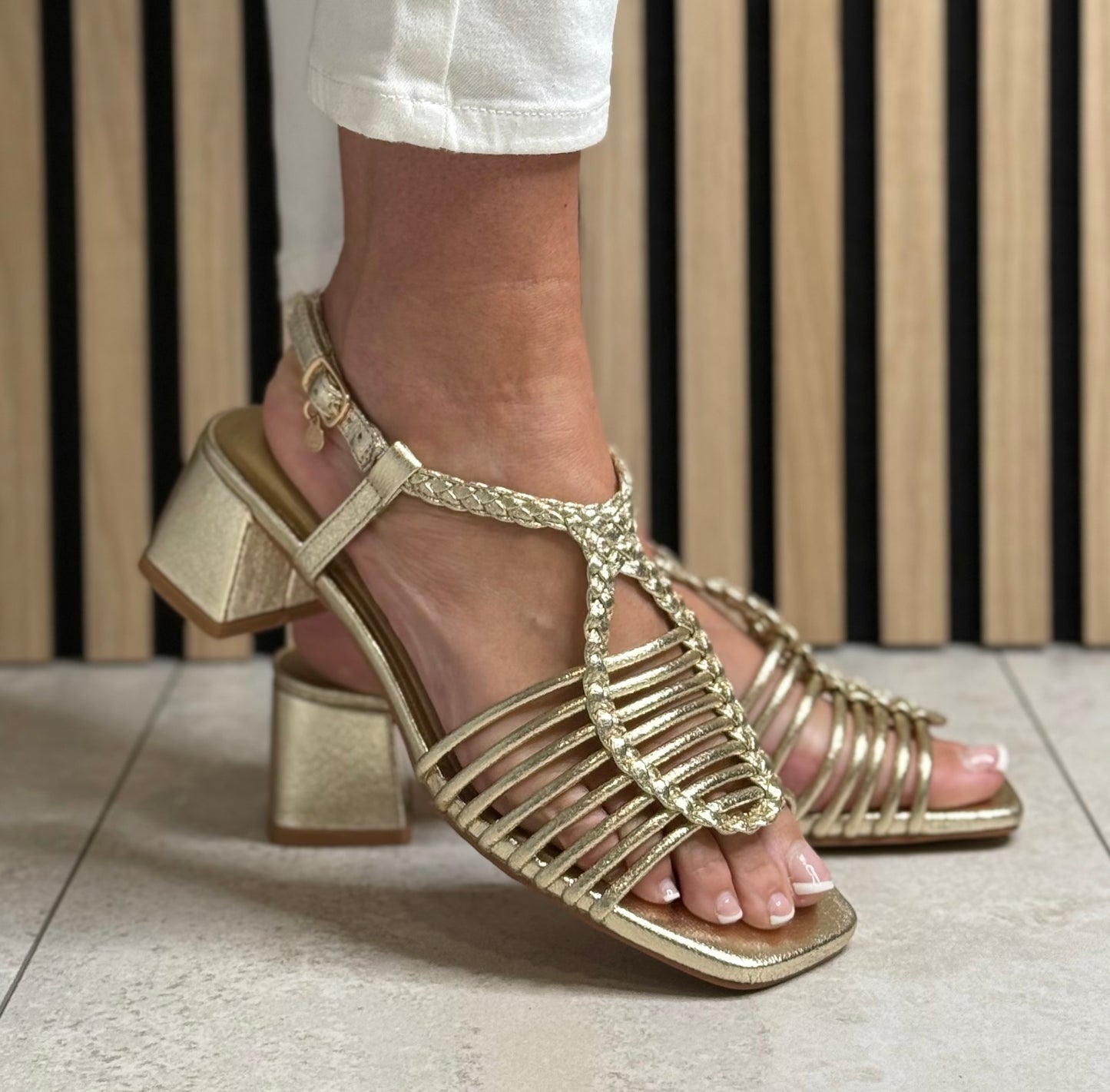 Xti - Gold Metallic Block Heel Strap Sandal (145433)