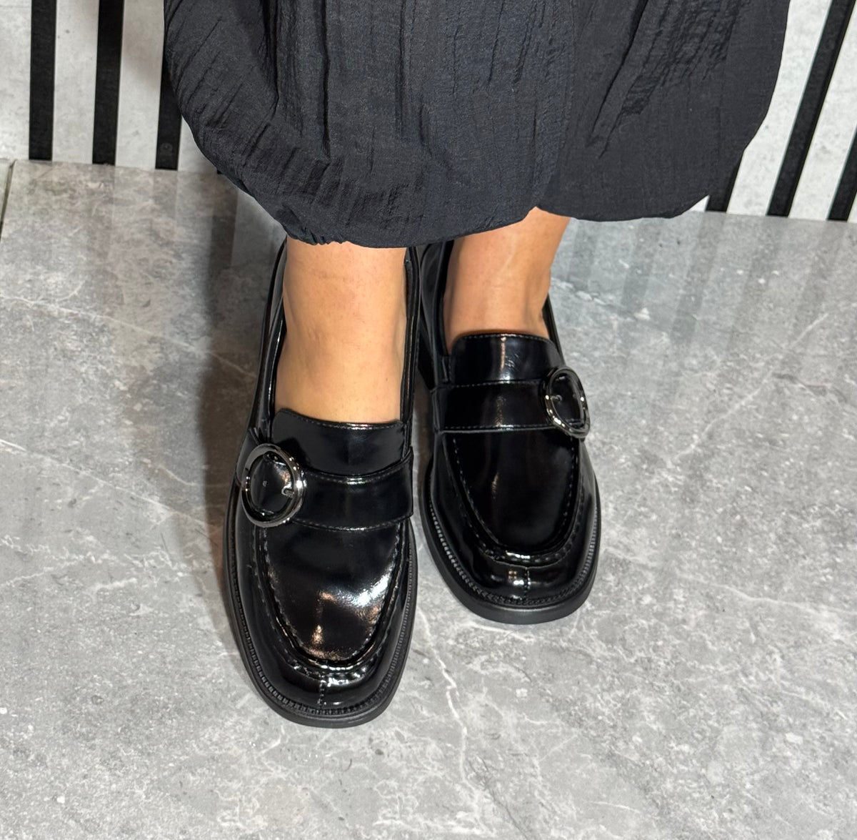Tamaris Comfort - Black Patent Buckle Detail Loafer