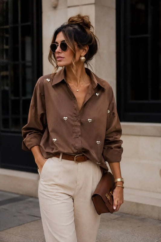 Brown Metallic Heart Detail Shirt