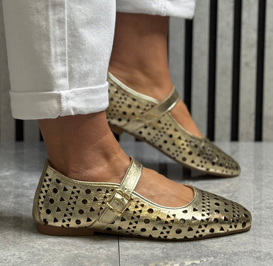 Modella - ‘Amy' Gold Metallic Strap Leather Pump