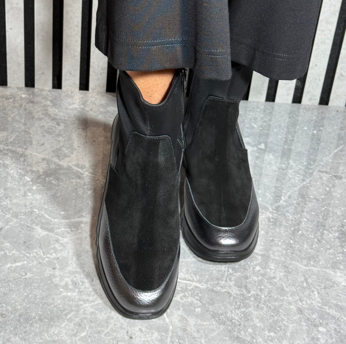 Wonders - E6782 Black/Pewter Metallic Leather Combo Sock Boot