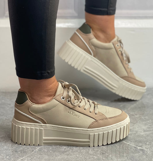 S Oliver - Beige Combo Platform Trainer