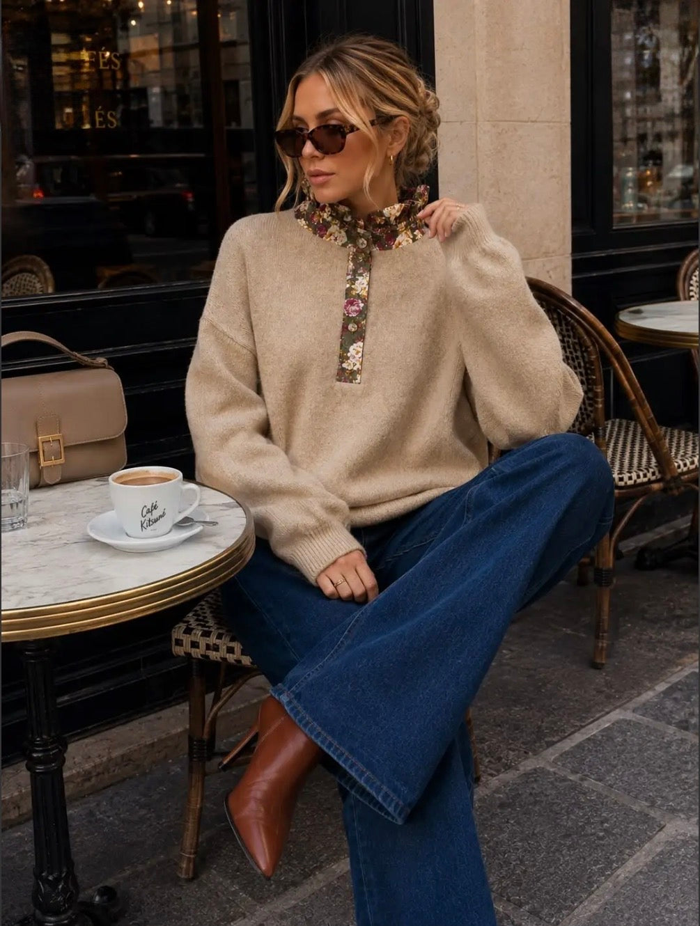 Taupe Knit With Floral Ruffled High Neck