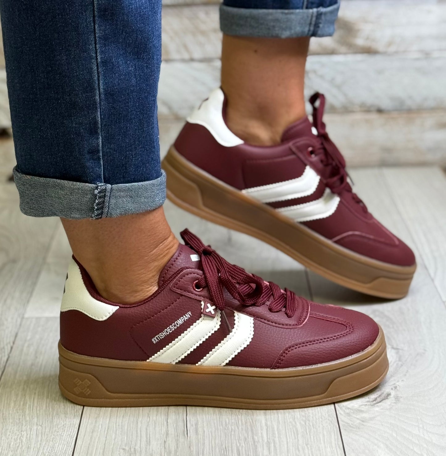 Xti - Burgundy/White Combo Gum Sole Trainer (144585)