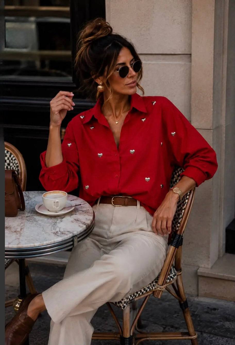 Red Metallic Heart Detail Shirt