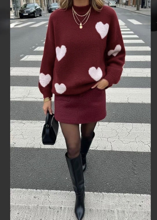 Burgundy Heart Pattern Knit