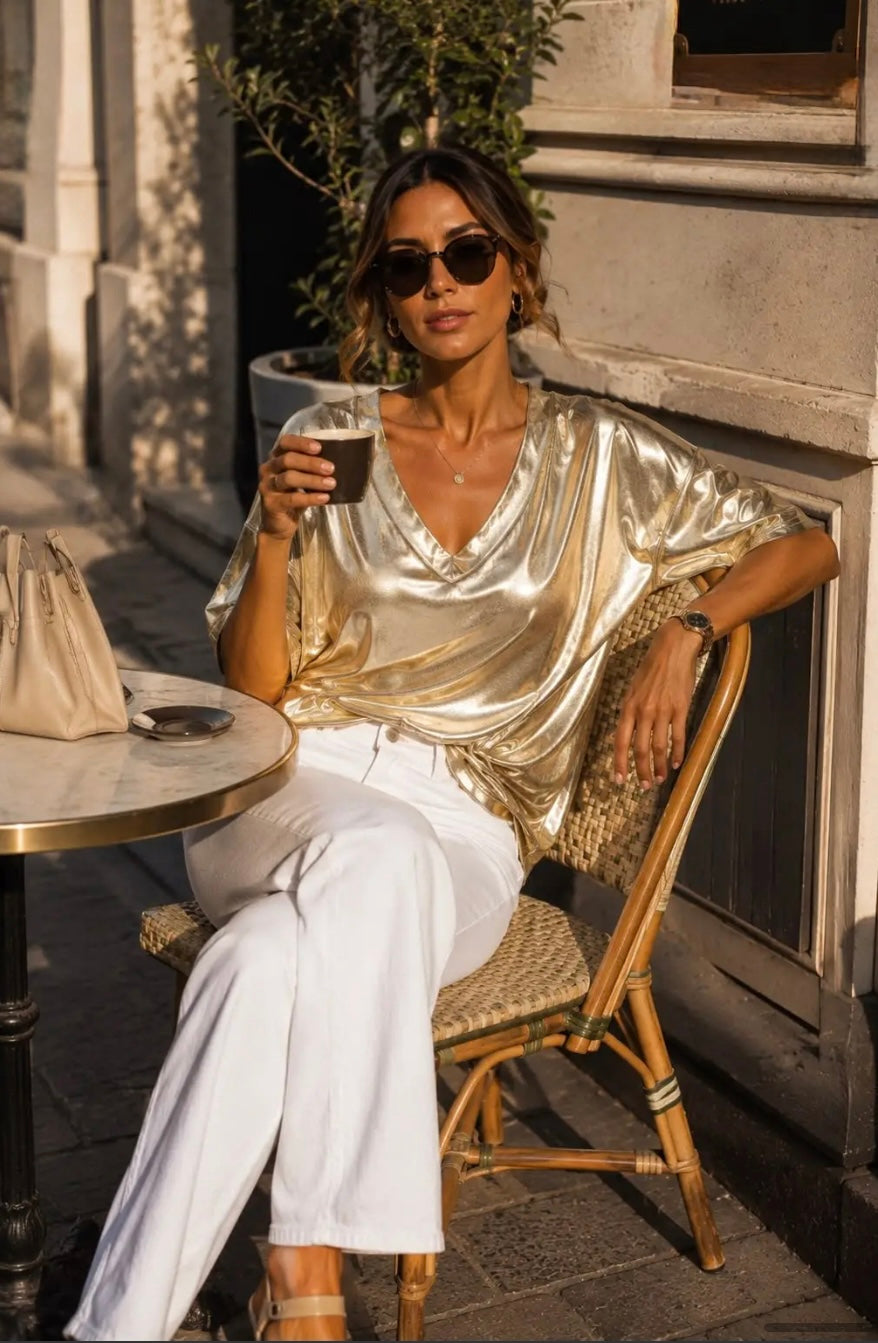 Gold Metallic V Neck Tee