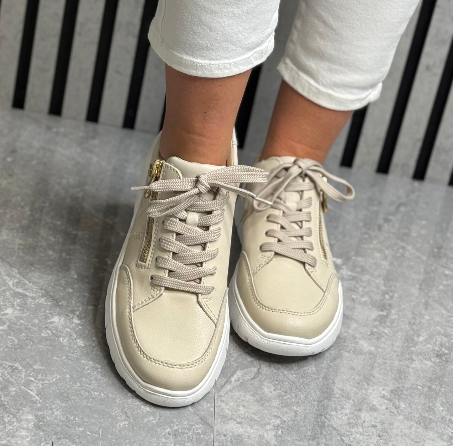 Rieker - Beige 'TEX' Side Zip Wide Fit Leather Trainer