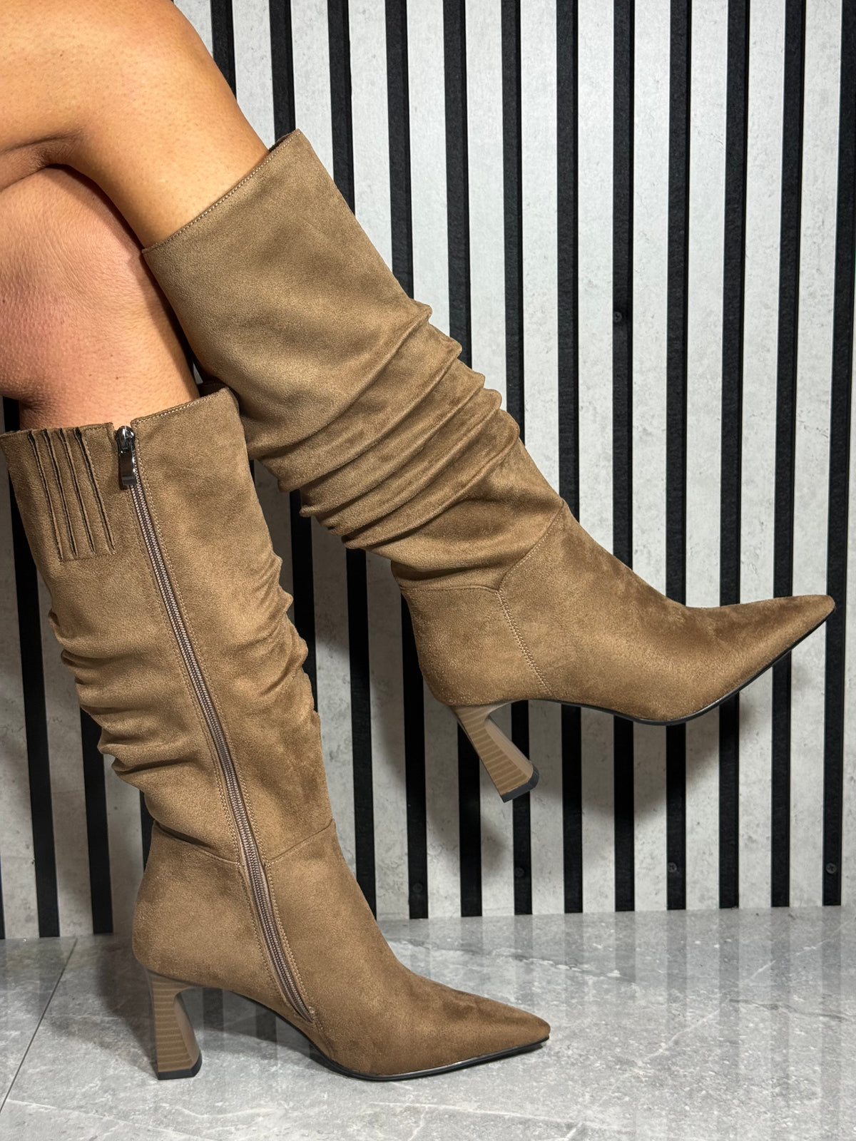 Redz - Biscuit Faux Suede Ruched Heel Boot
