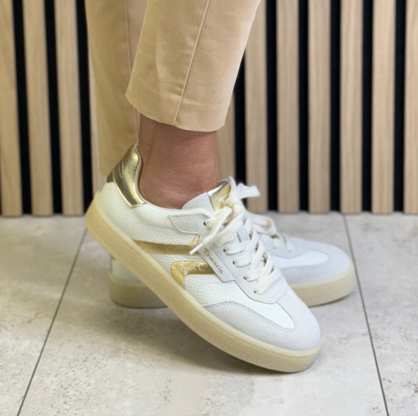 Tamaris - White/Gold Combo Leather Trainer