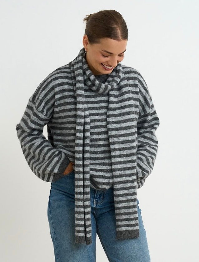 Grey Stripe Oversized Knit With Detachable Scarf