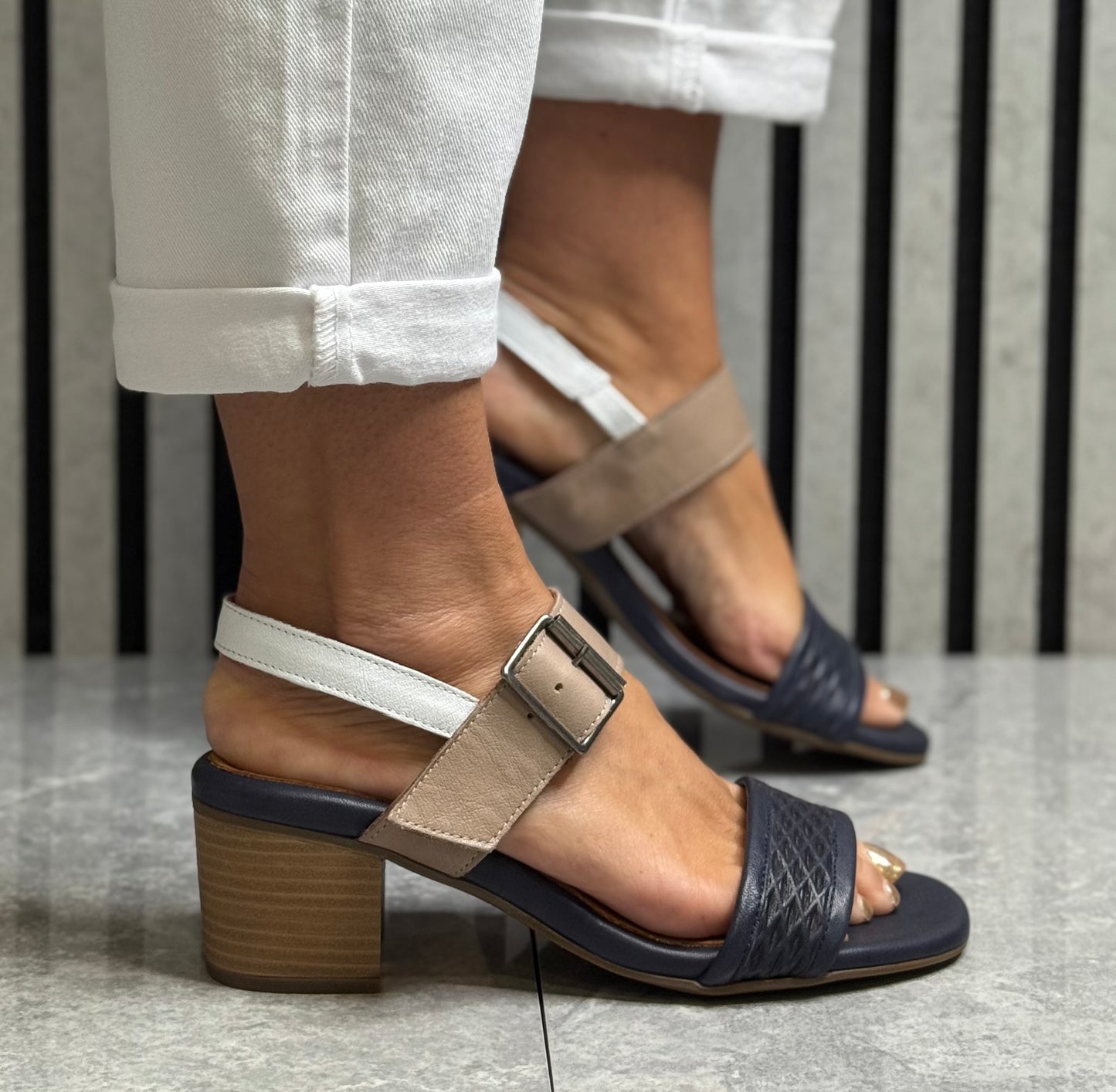 Modella - ‘Elsie' Navy/Taupe Leather Sandal