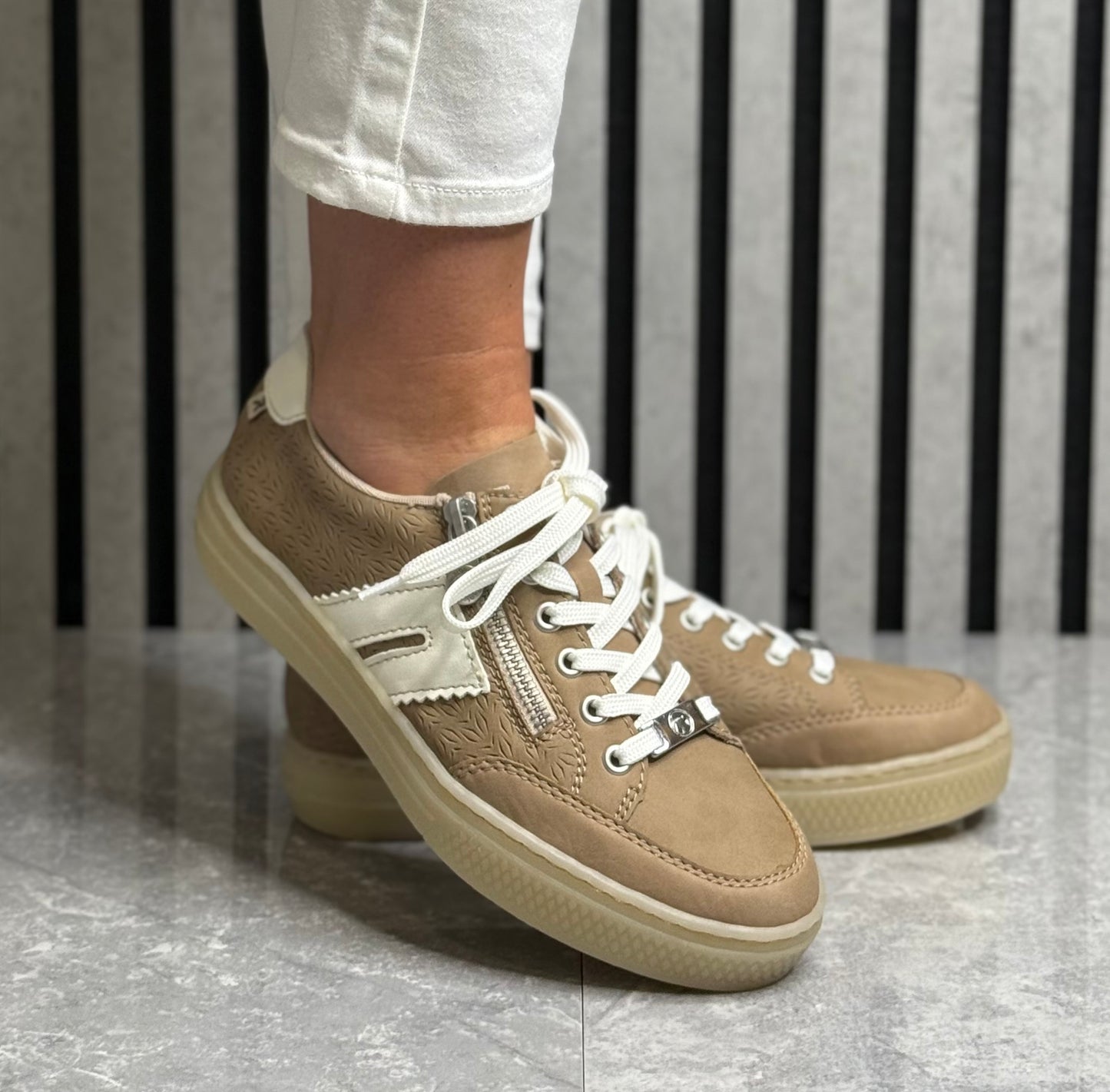 Rieker - Taupe Detailed Gum Sole Leather Trainer