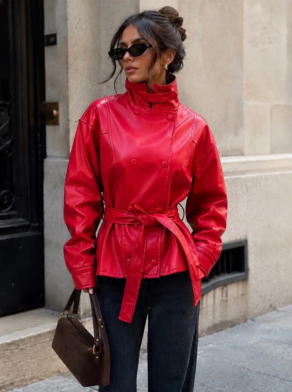 Red Faux Leather Belted Jacket.