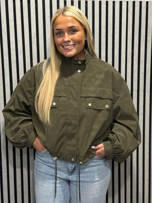 Khaki faux suede bomber jacket.