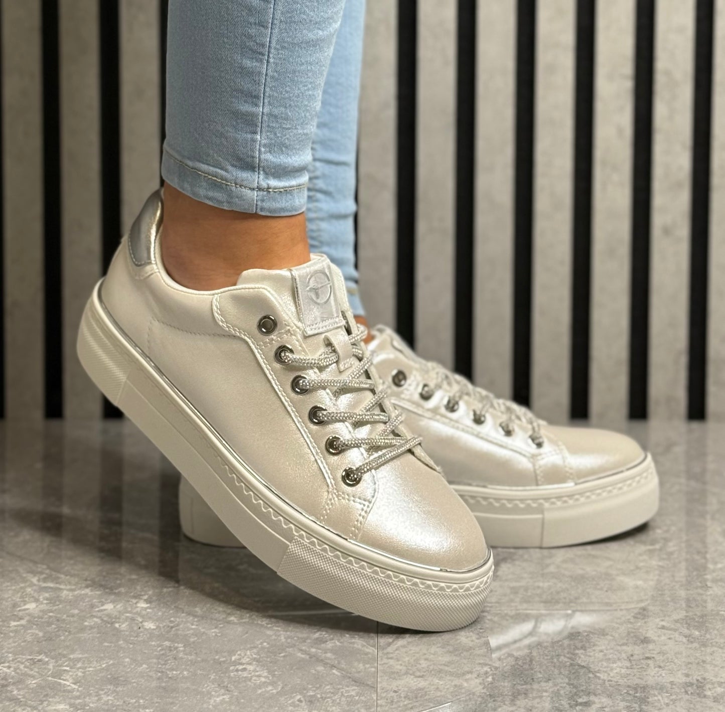 Tamaris - White Pearl Metallic Slip On Trainer