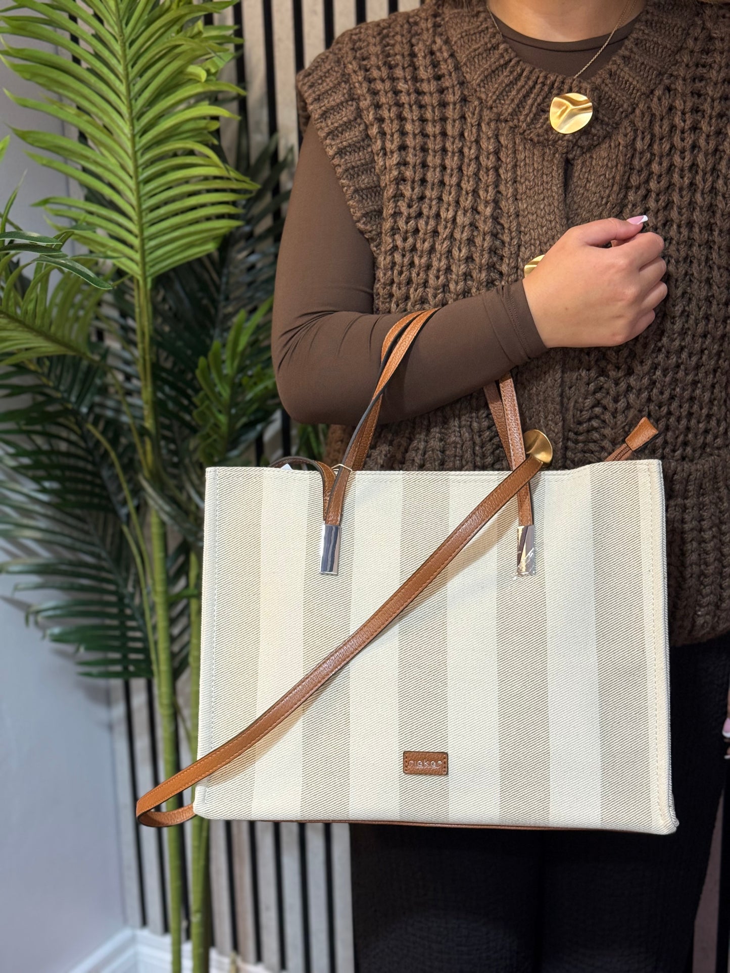Rieker - Cream Stripe Canvas Handbag (H1392-90)