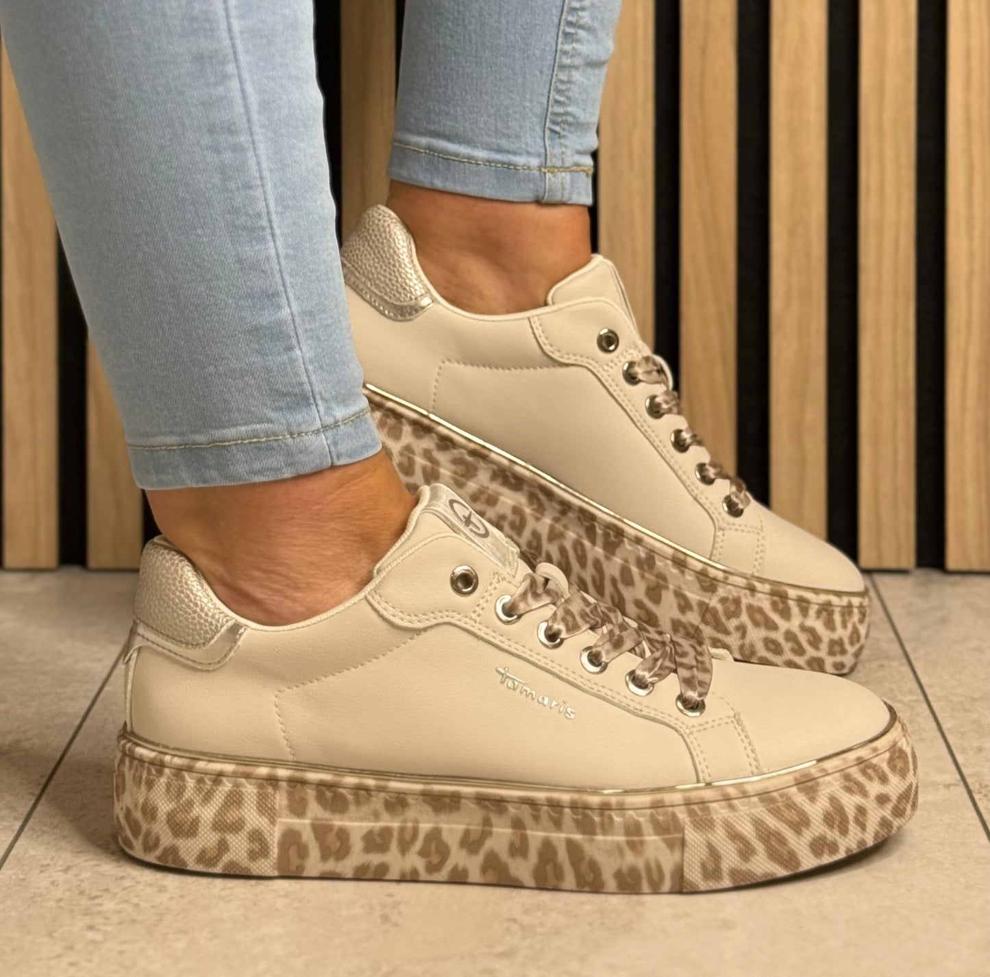 Tamaris - Beige/Animal Print Combo Platform Slip On Trainer