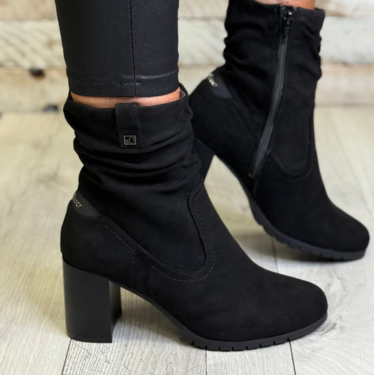 S Oliver - Black Faux Suede Ruched Block Heel Boot