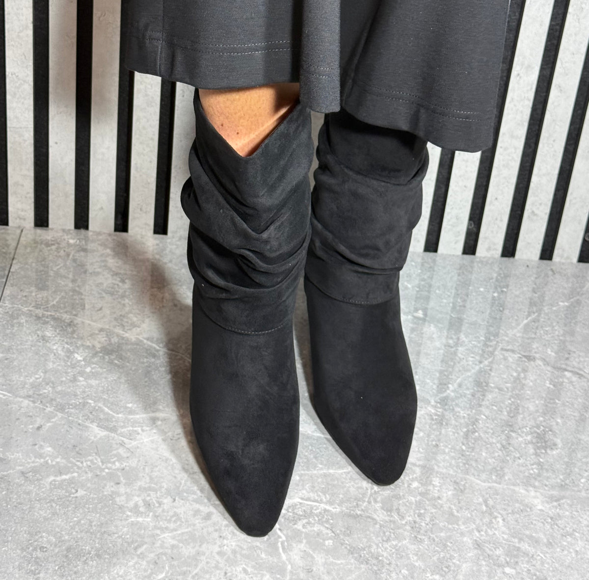 Xti - Black Faux Suede Ruched Heel Boot (146393)