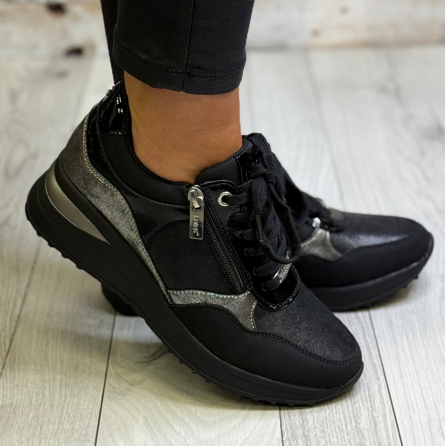 Lotus - 'Pluto' Black Wedge Trainer