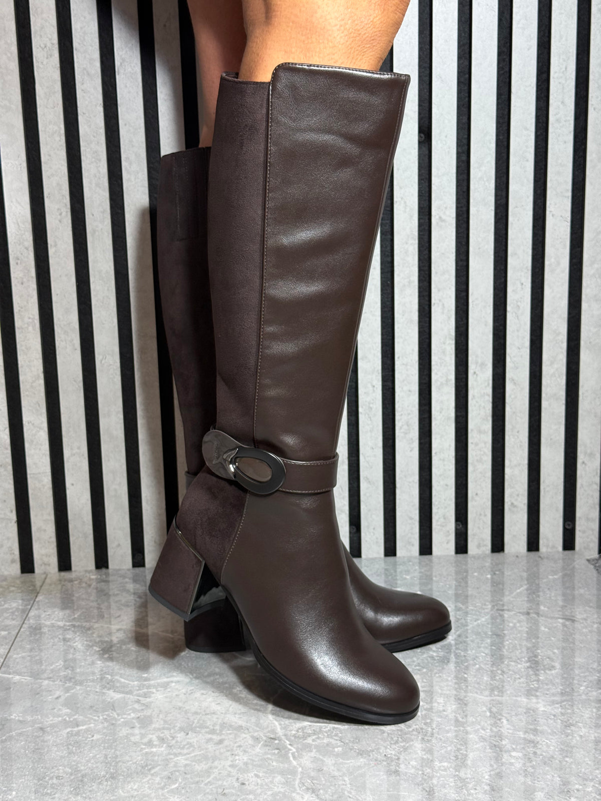 Redz - Brown Mix Block Heel Long Boot