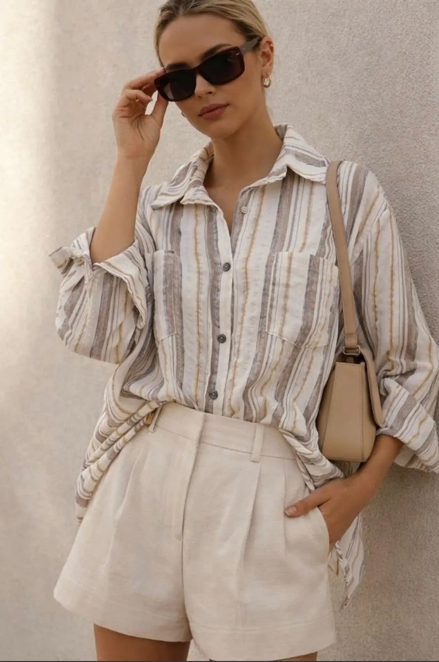 Beige Loose Fit Striped Shirt