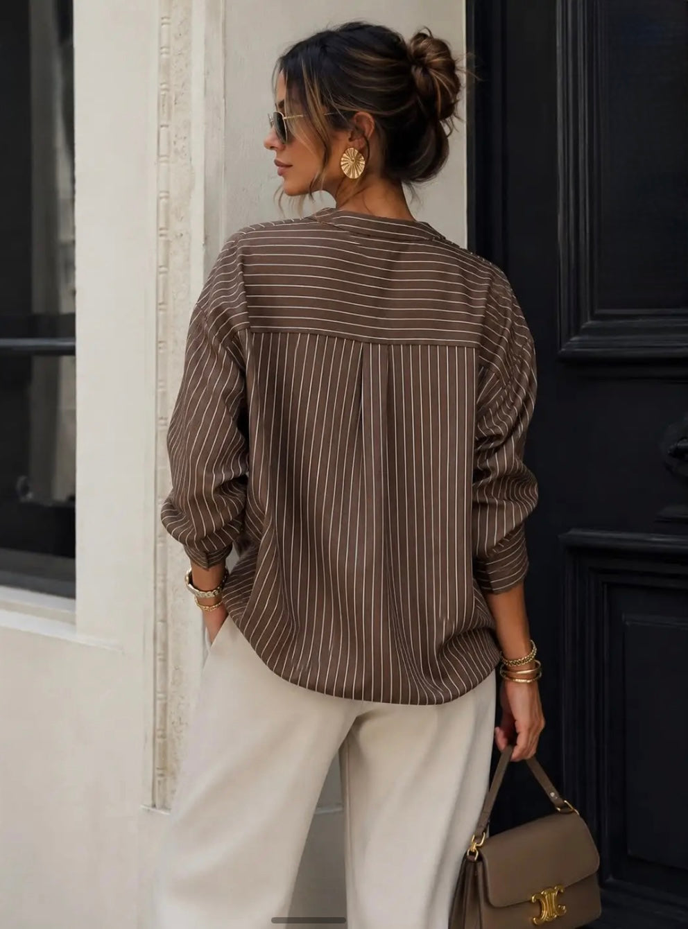 Brown Striped Shirt With Drawstring.