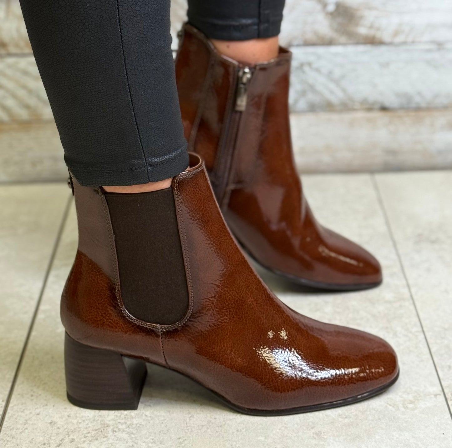 Tamaris - Cognac Patent Block Heel Boot