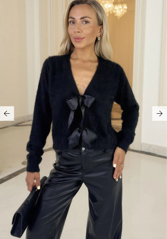 AX Paris - Black Fluffy Knit Satin Bows Cardigans