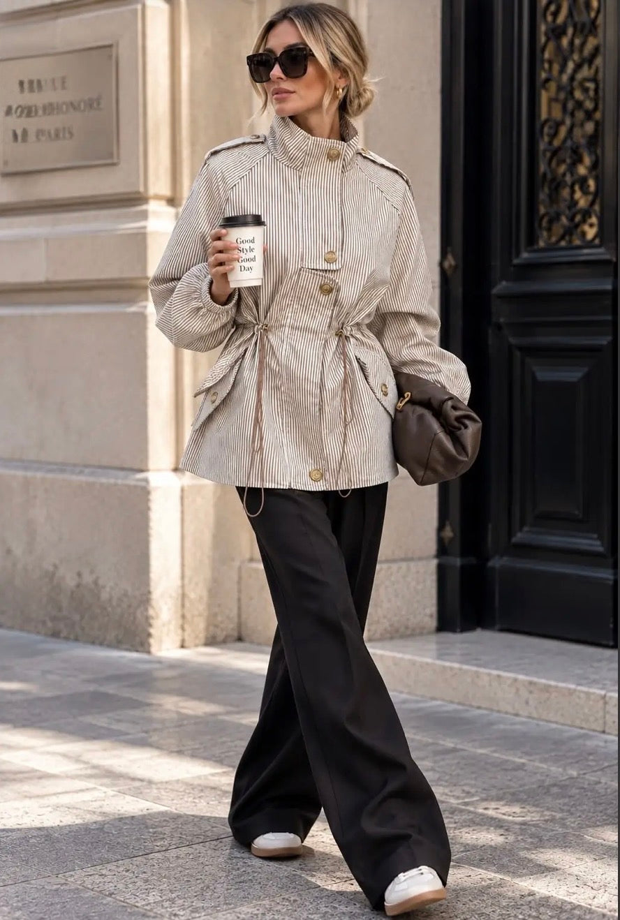 Beige Striped Safari Jacket With Adjustable Waist.