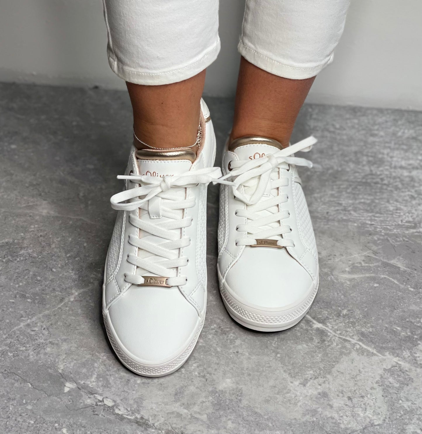 S Oliver - White/Rose Gold Trim Trainer