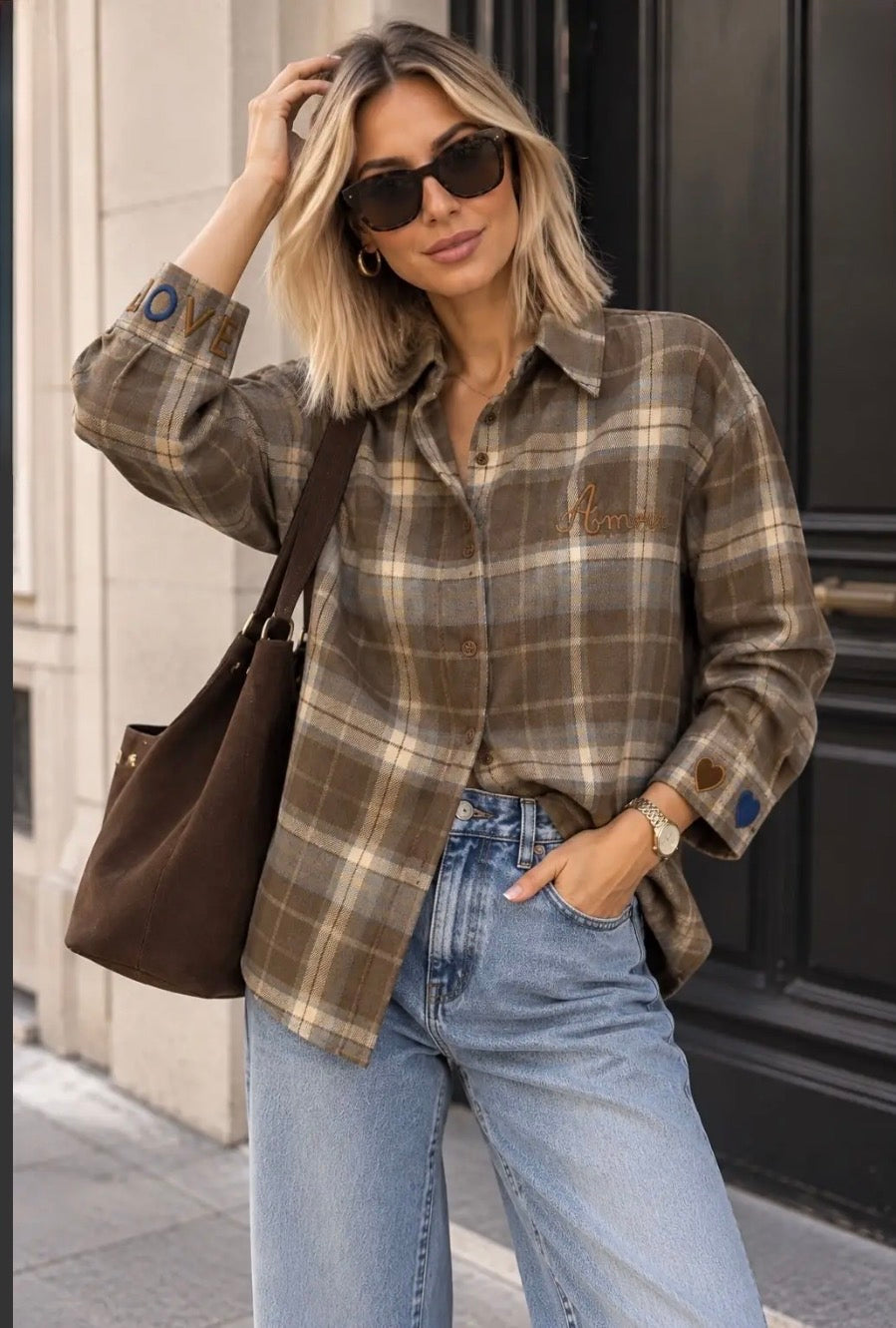 Brown Check Embroidered Detail Oversized Shirt