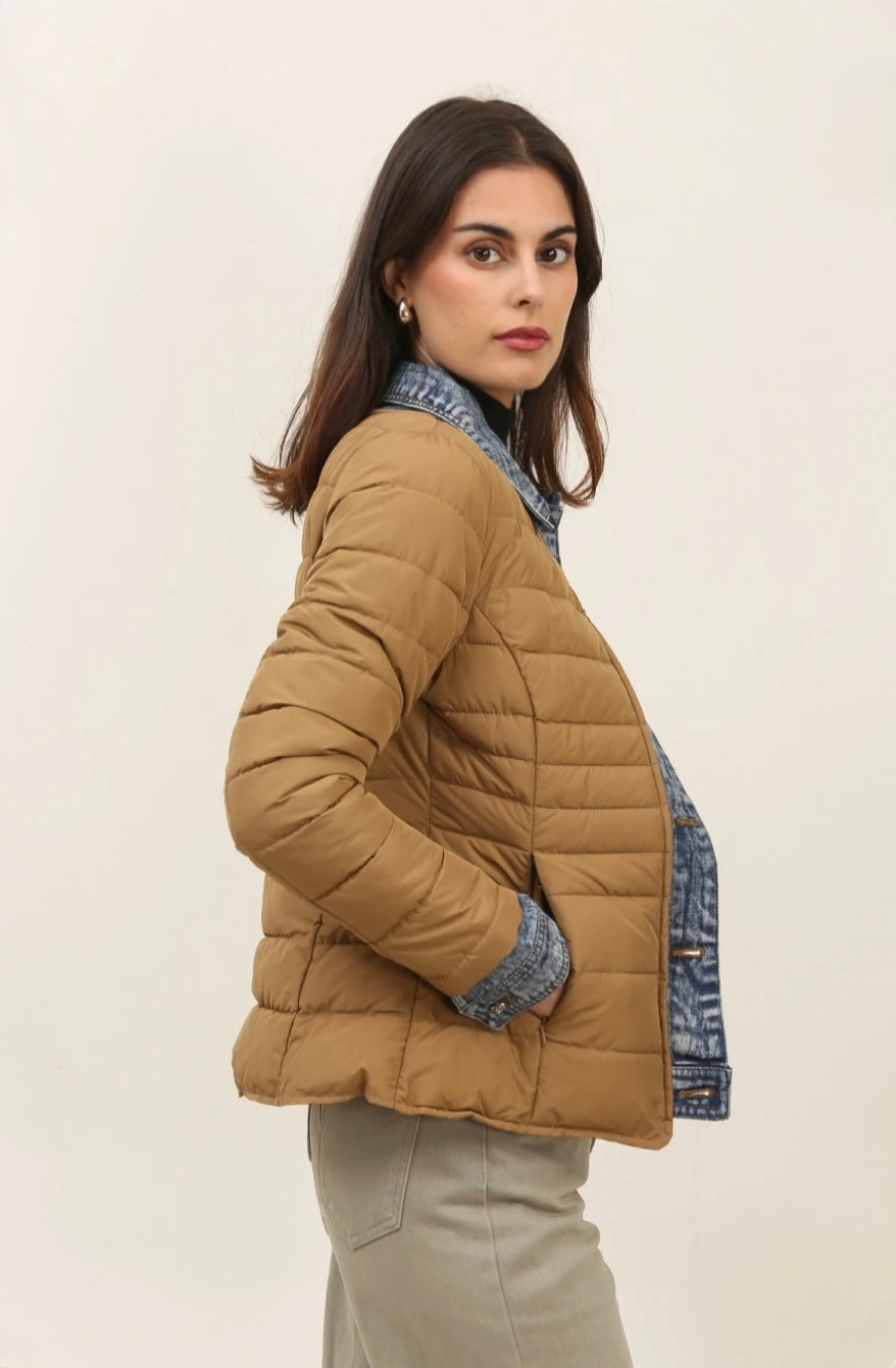 Camel/Denim Trim Short Puffer Jacket
