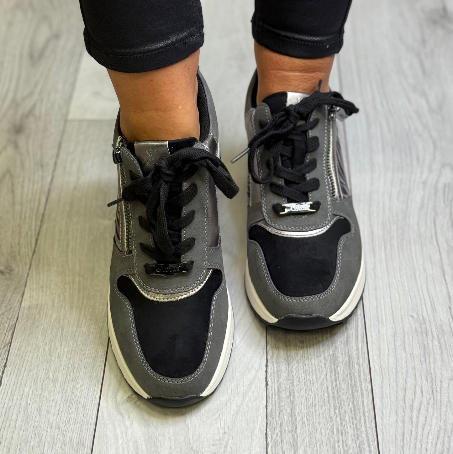 Lotus - 'Moore' Grey Zebra Print Wedge Trainer