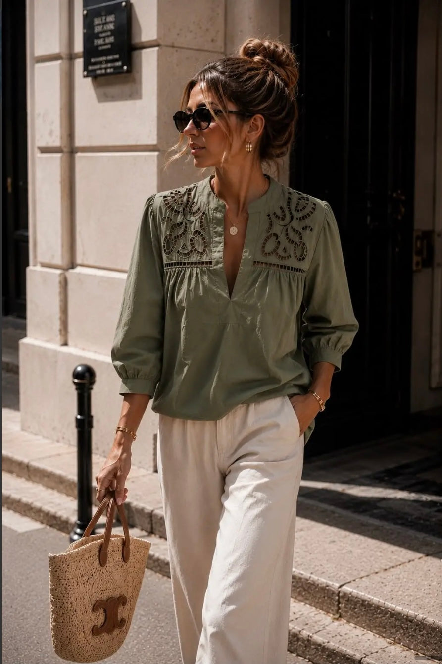 Khaki Openwork Embroidery Blouse