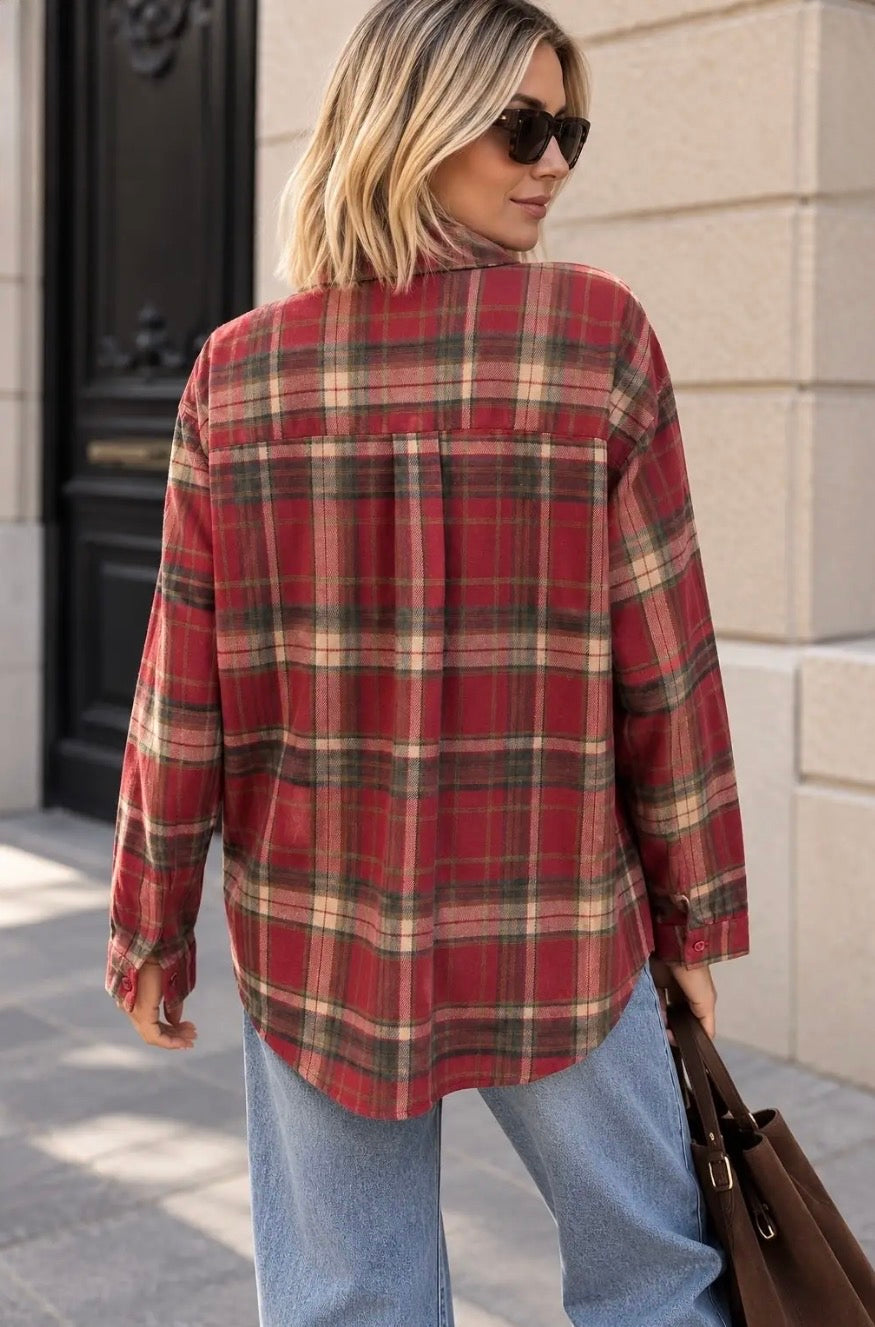Red Check Embroidered Detail Oversized Shirt