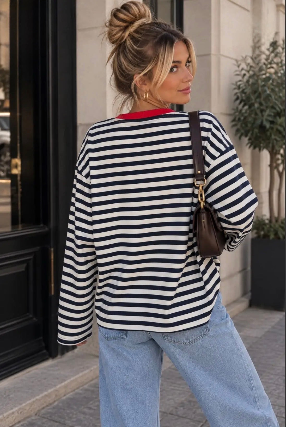 Navy Stripe With Heart Detail L/S Tee